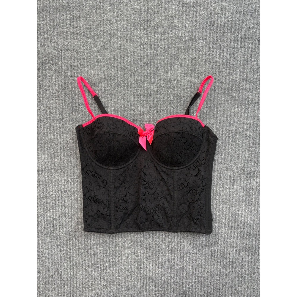 No Secret Black Lace Corset Top Hot Pink Trim Bustier 34DD Y2K Style Camisole